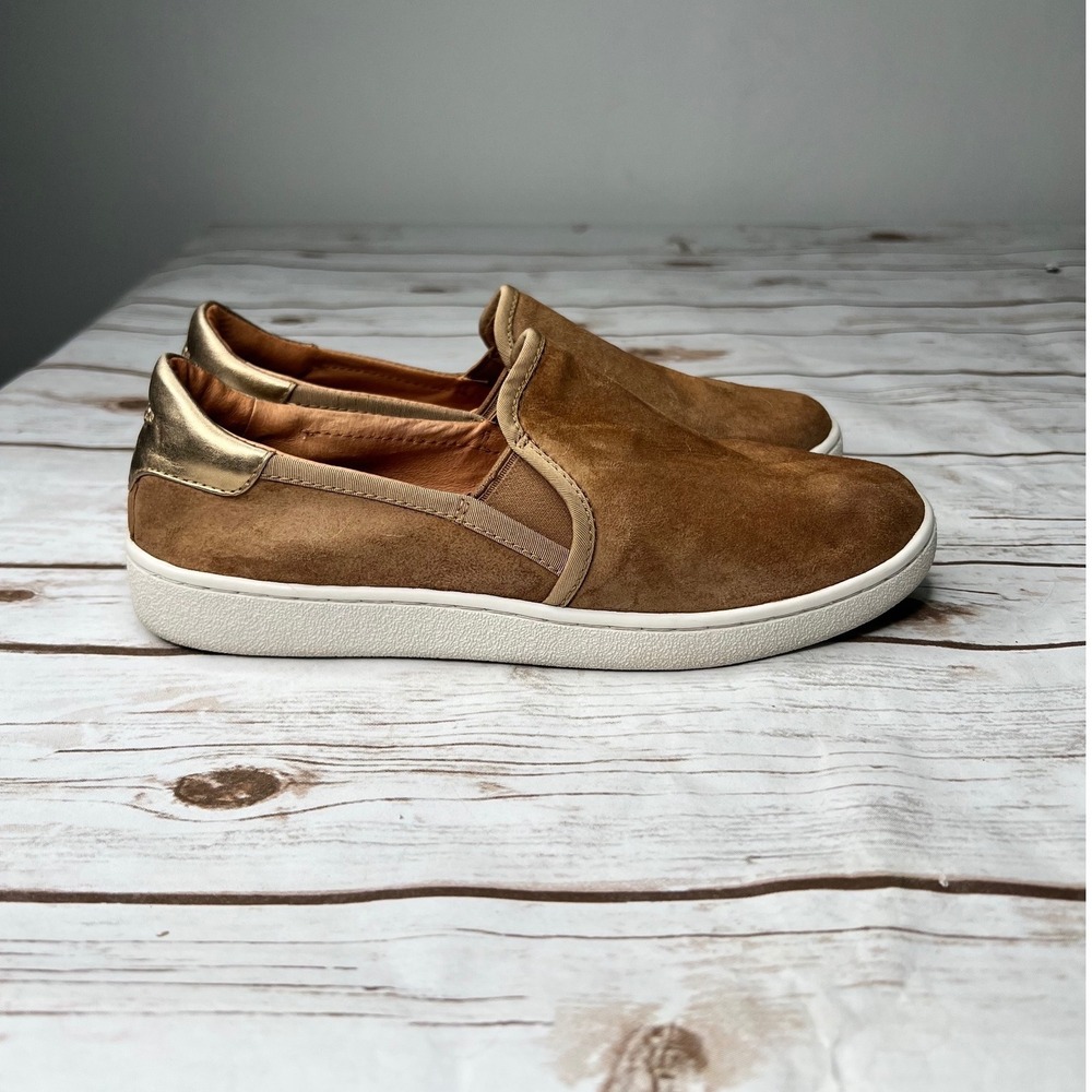 UGG Slip-On Sneakers Chestnut Brown Suede Metallic Gold Heel Size 8